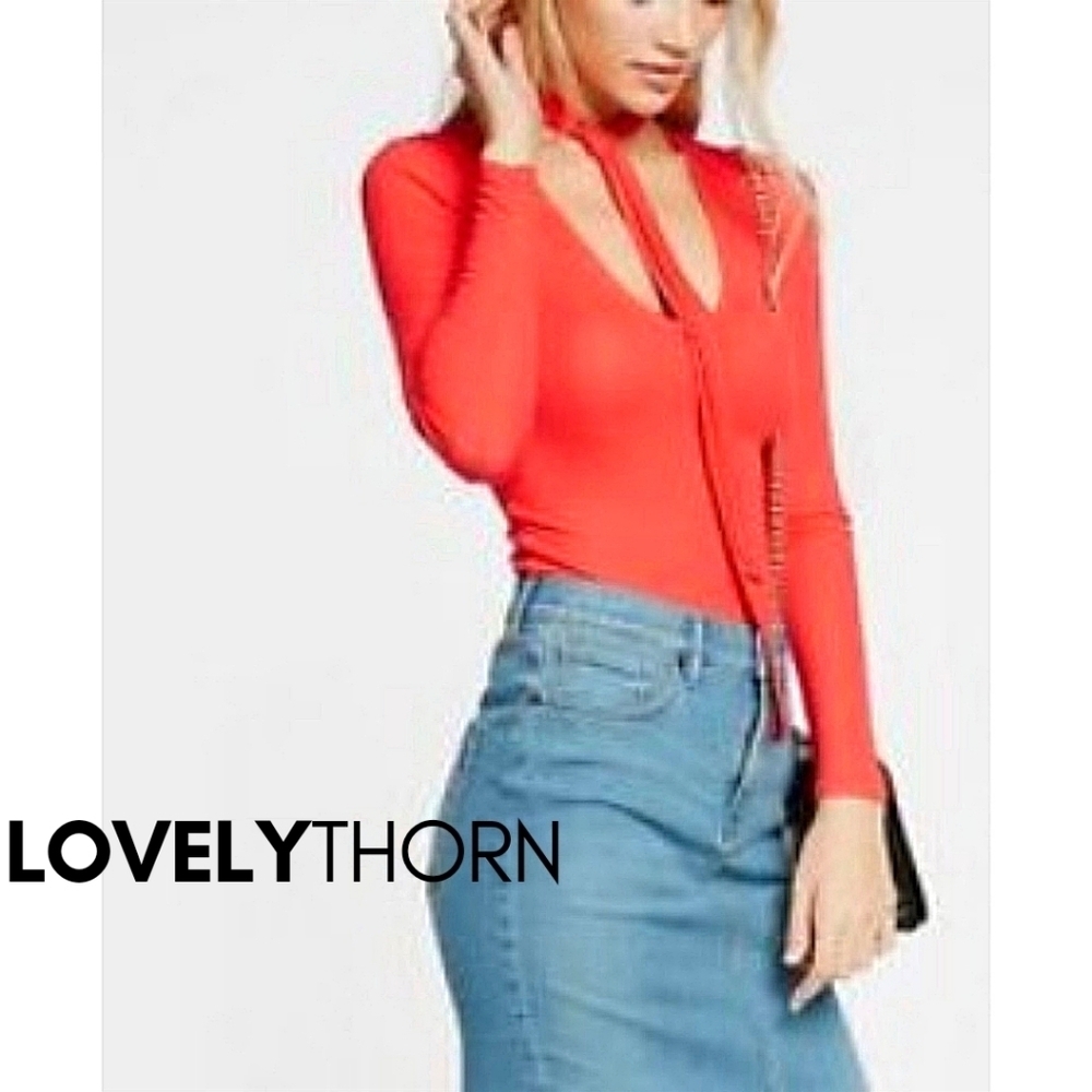 EXPRESS // red super soft rib knit plunge long sleeve multi-way neck tie top